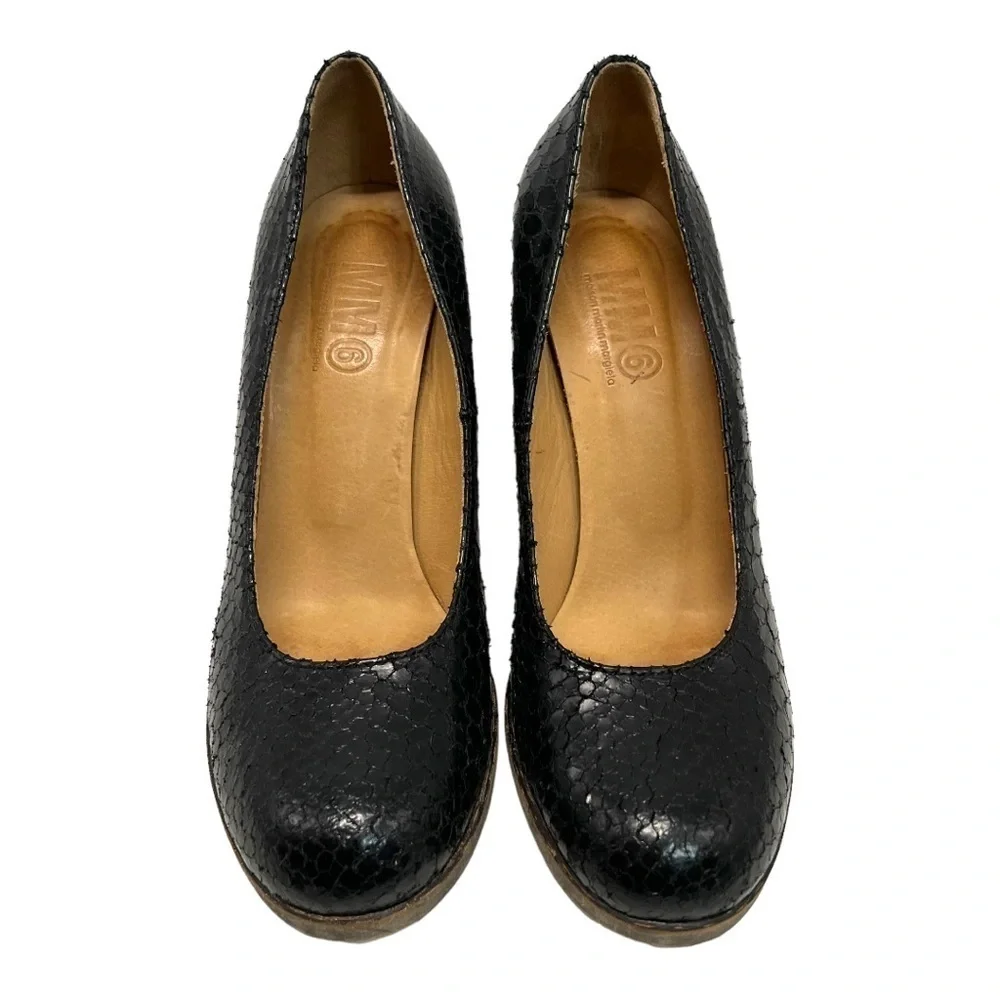 Maison Martin Margiela MM6 Black Snakeskin Leather Round Toe Block Heels 38.5 - Picture 3 of 12